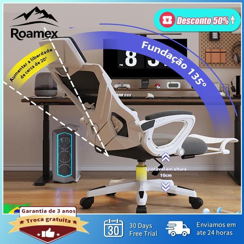 【Roamex】Cadeira Gamer com Ajuste Lombar 4D | 135° Inclinável | Malha Respirável | Apoio de Pés Integrado