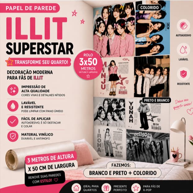 Papel de Parede Illit Kpop Decorativo Quarto Teen  Preto e Branco e Colorido 3x50m