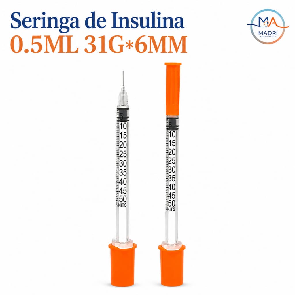 Seringa Insulina 0,5 ml Agulha Fixa | ZERO RESÍDUOS | 10 a 50 Unidades | 6MM