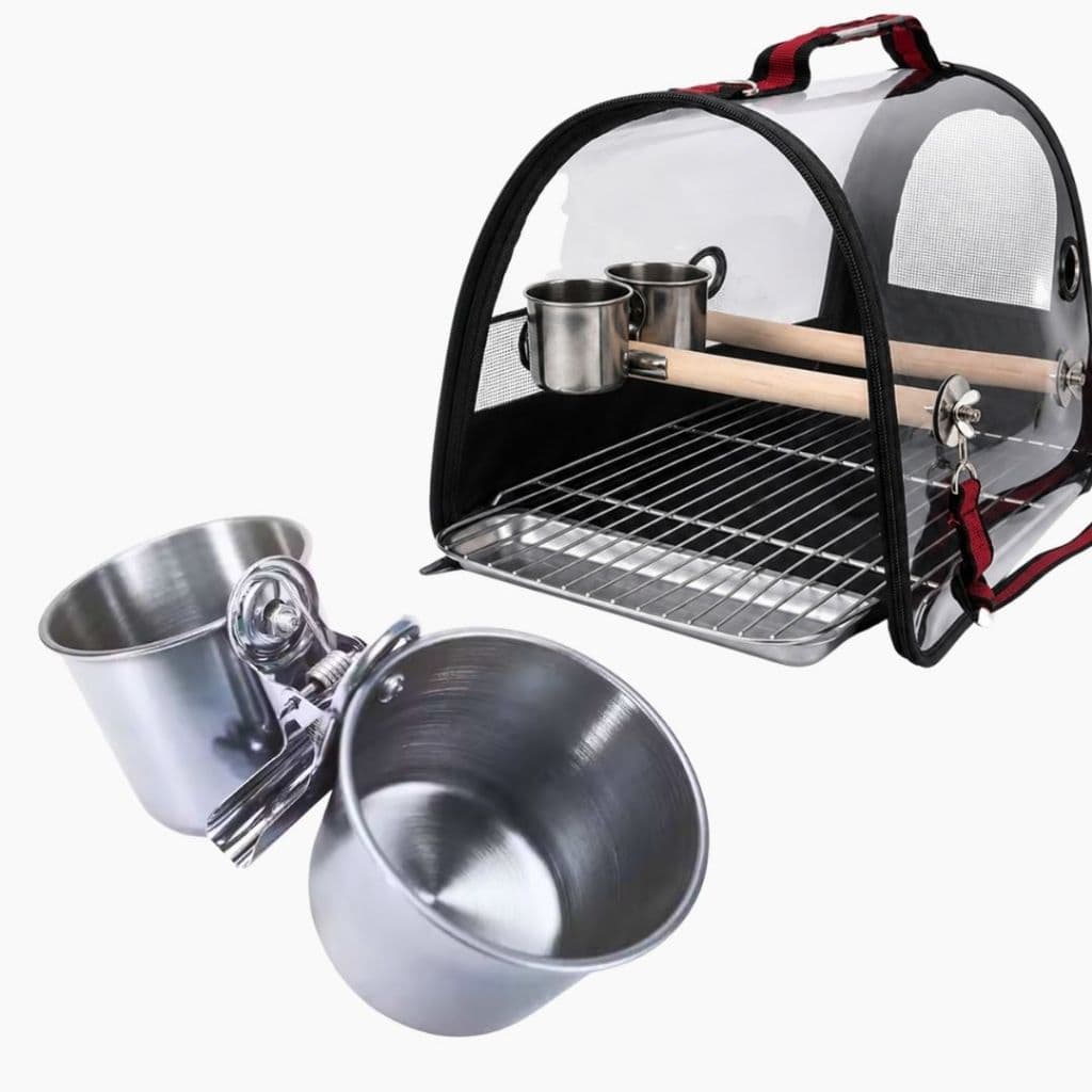 Comedouro e bebedouro inox para bolsa de passarinho
