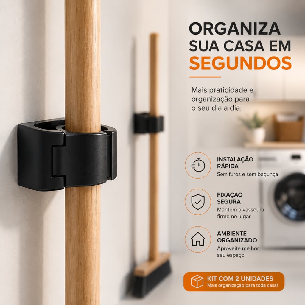 Suporte Porta Vassoura de Parede Multiuso | Organizador para Rodo, Pá e Mop | Fixação Fácil | Alta Resistência
