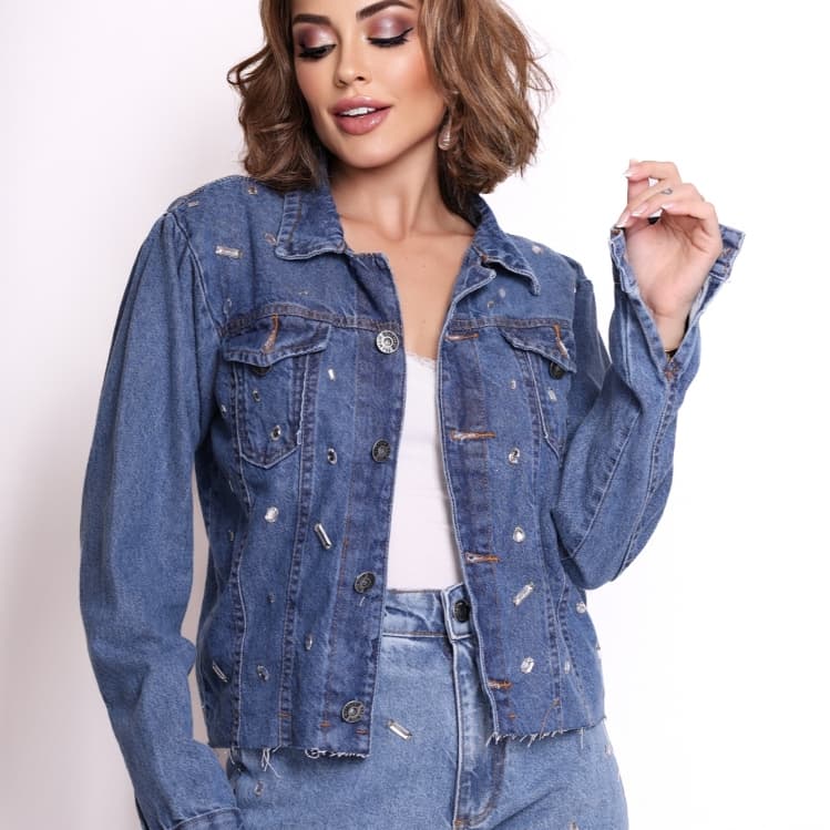 INFINITO MODA JAQUETA JEANS SEM BARRA COM DESFIAR COM PEDRA MODA FEMINIA