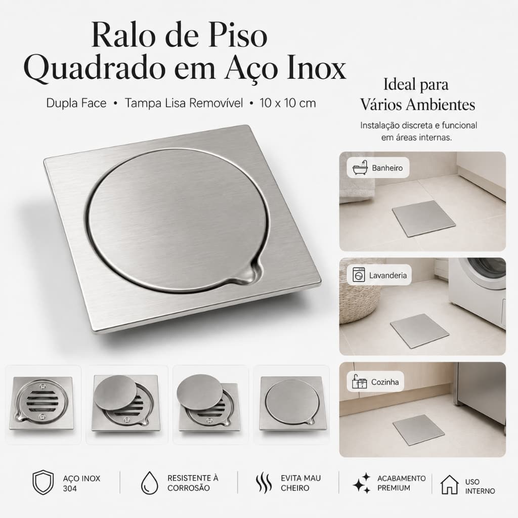 Ralo de Piso Quadrado em Aço Inox 304 10x10 cm com Tampa Lisa Removível Anti-Odor para Banheiro, Cozinha e Lavanderia