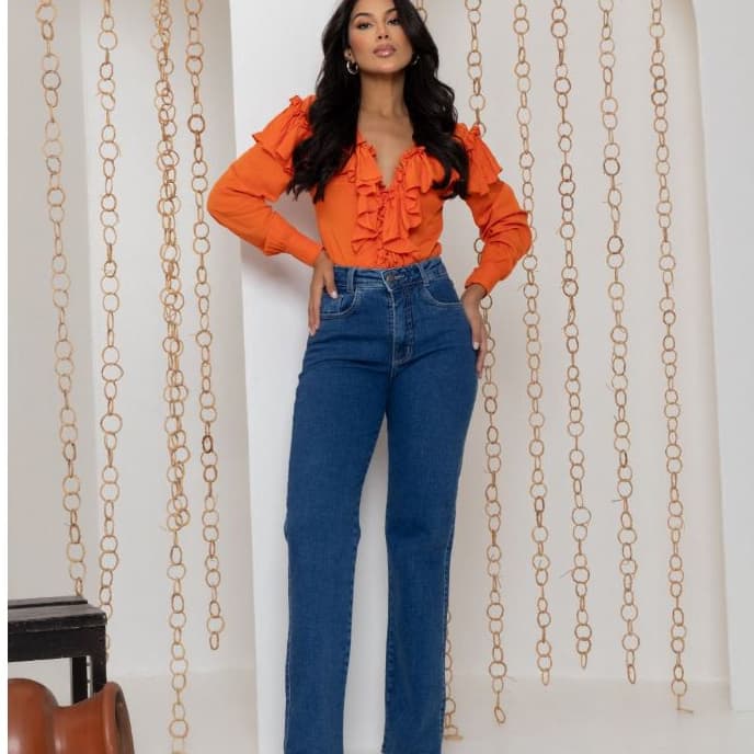 Calça Jeans Feminina Wide Leg Cintura Alta com Elastano Premium Ampla Moderna Confortáve