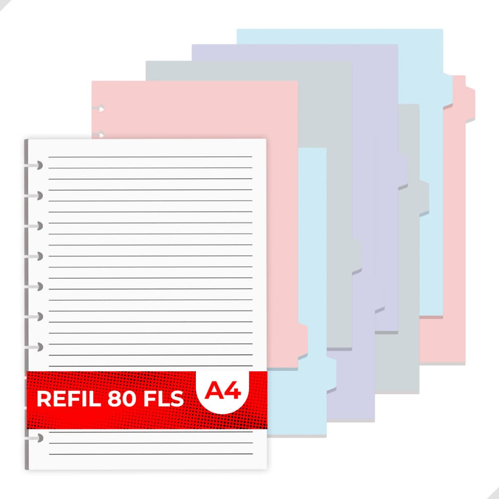 Kit 8 Divisórias Em Tons Pastéis + Refil de 80 Folhas para Caderno Inteligente A4 11 Discos