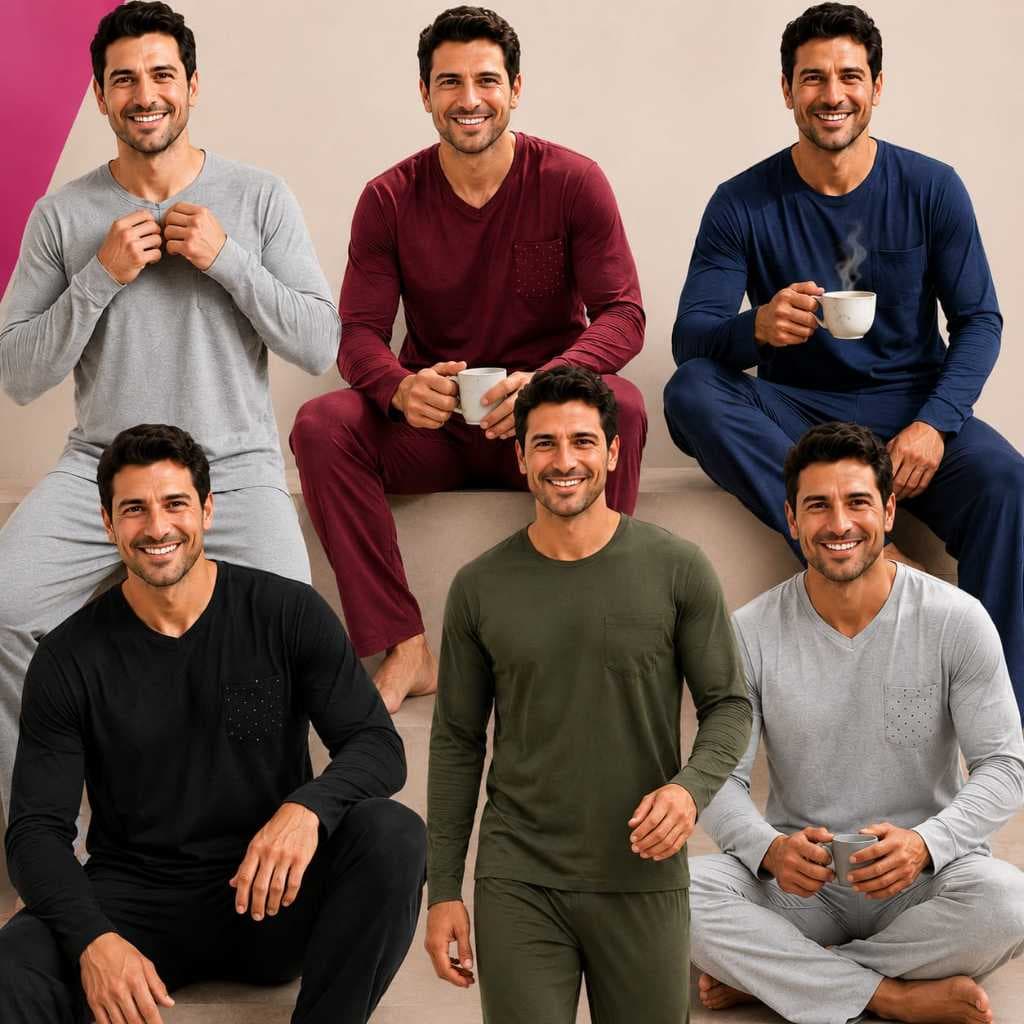 Pijama Masculino Adulto Manga Longa Calça em Malha Confortável Inverno moda masculino.