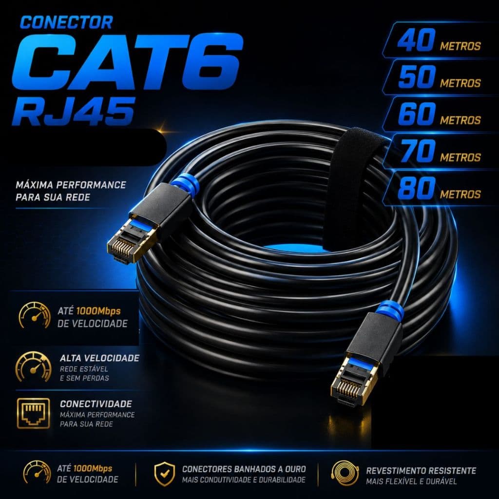 Cabo CFTV COM CONECTOR BLINDADO CAT6 de internet 60m 70m 80m 90m  envio rápido COM SEGURANÇA