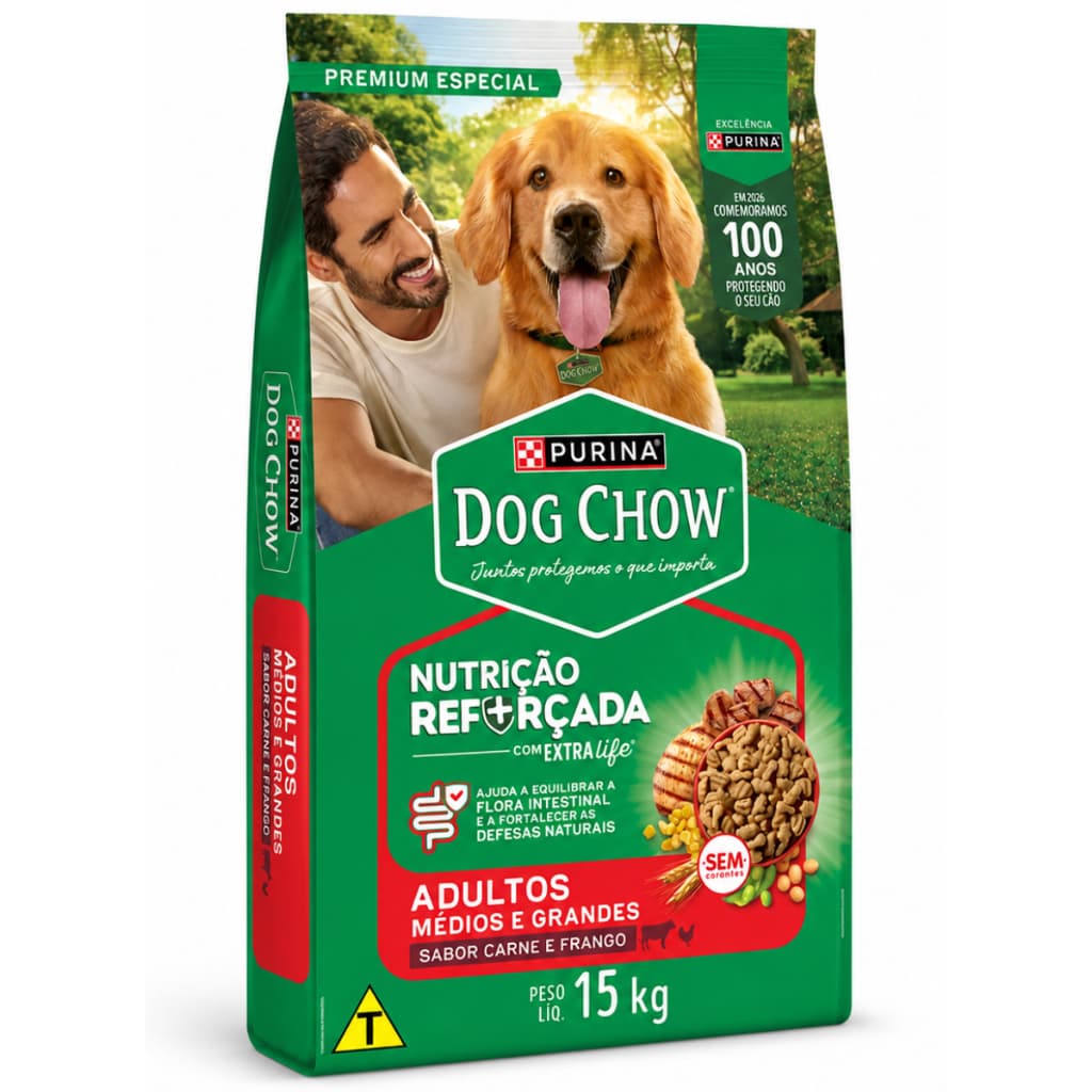 Ração Dog Chow Extra Life Cães Médios/grandes Carne/frango/arroz 15kg