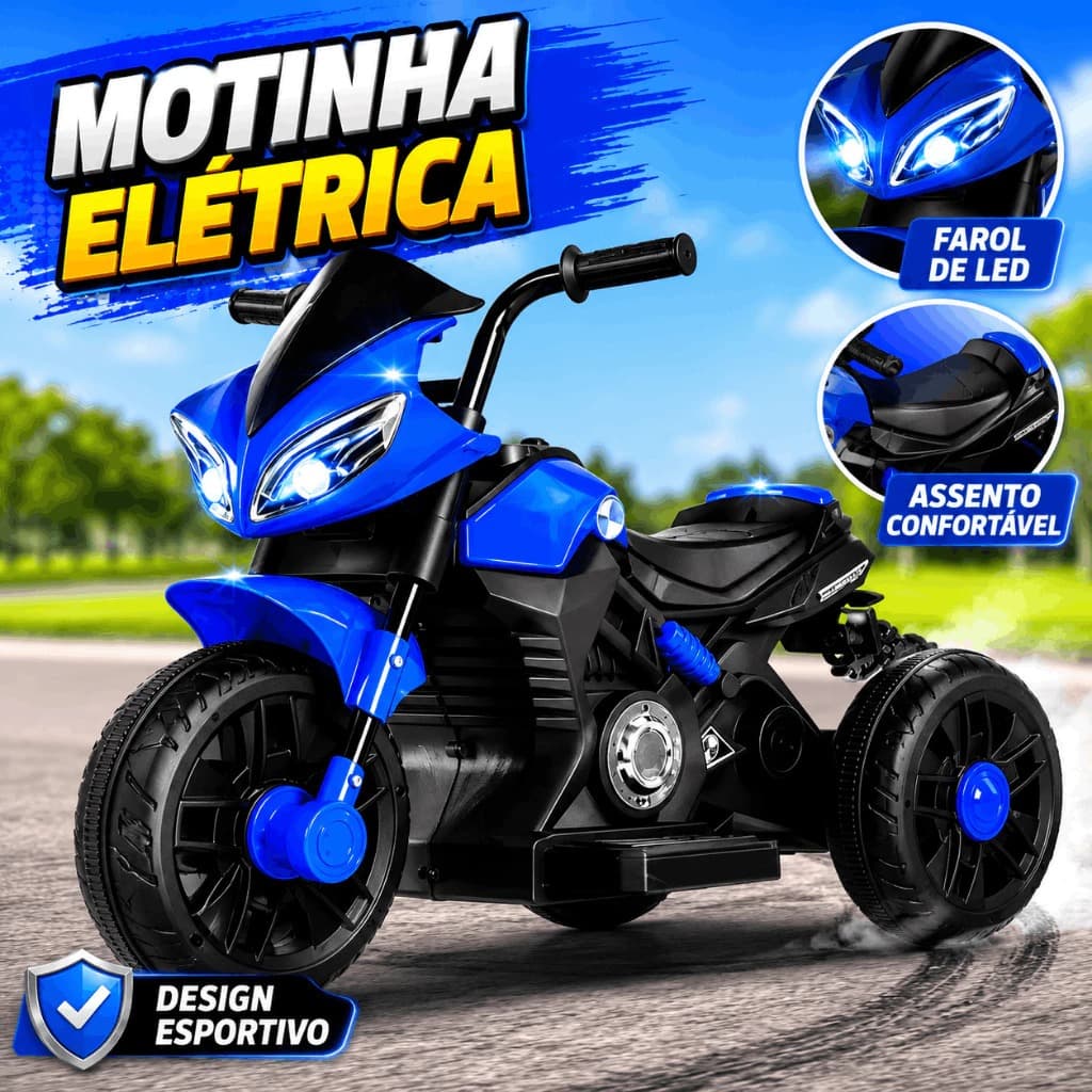 Moto Elétrica Infantil Dark 6V Azul Com Luz LED Música Frente e Ré Bateria Recarregável