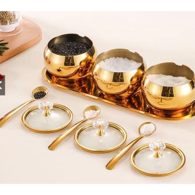 Kit 3 potes Açucareiro Luxuoso porta Condimentos Aço Inox - 304 Dourado Elegante