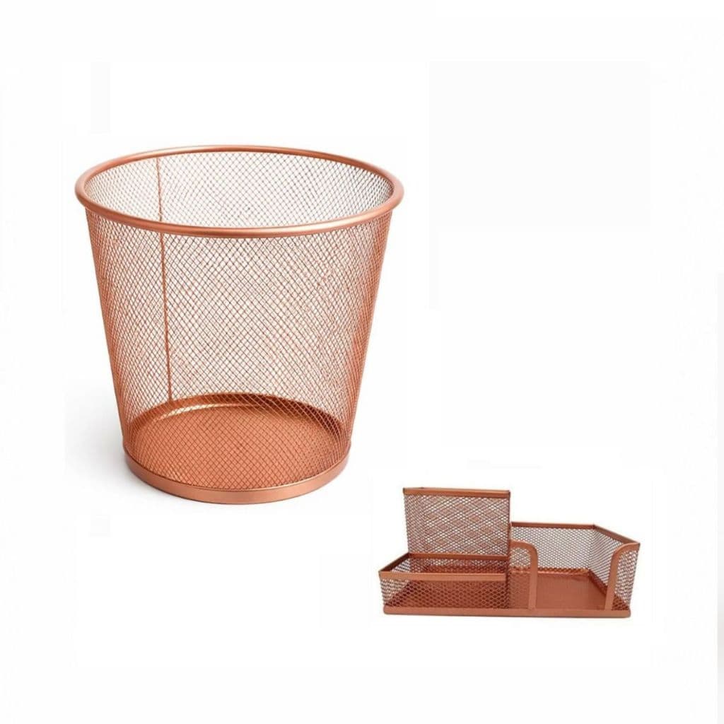 Kit Organizador, Porta Caneta e Lixeira Rose Gold 12L Escritório