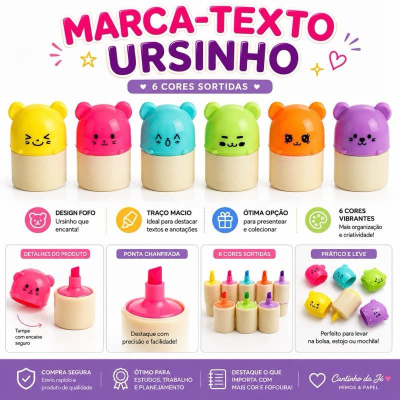 Kit 6 Marca-Textos Ursinho Coloridos Neon Papelaria Escolar