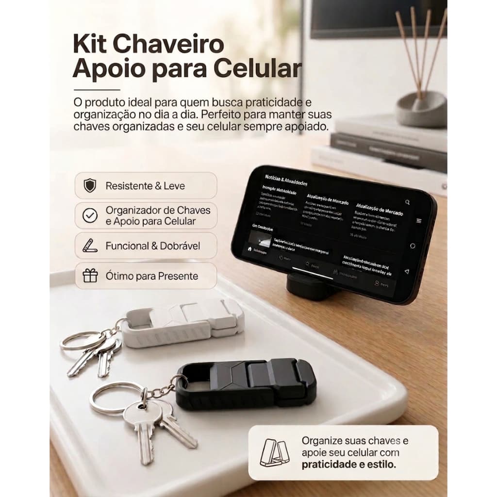 Kit Suporte para Celular Tablet Chaveiro Dobrável Universal Portátil Articulado Resistente Leve Compacto Apoio de Mesa