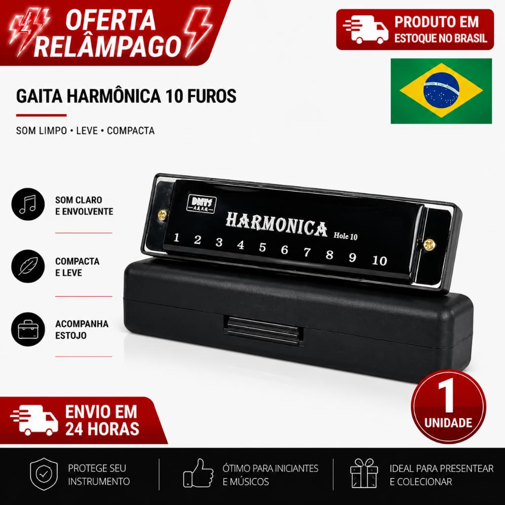 Gaita De Boca Harmonica Som em C 10 Buracos Cromática Com Estojo