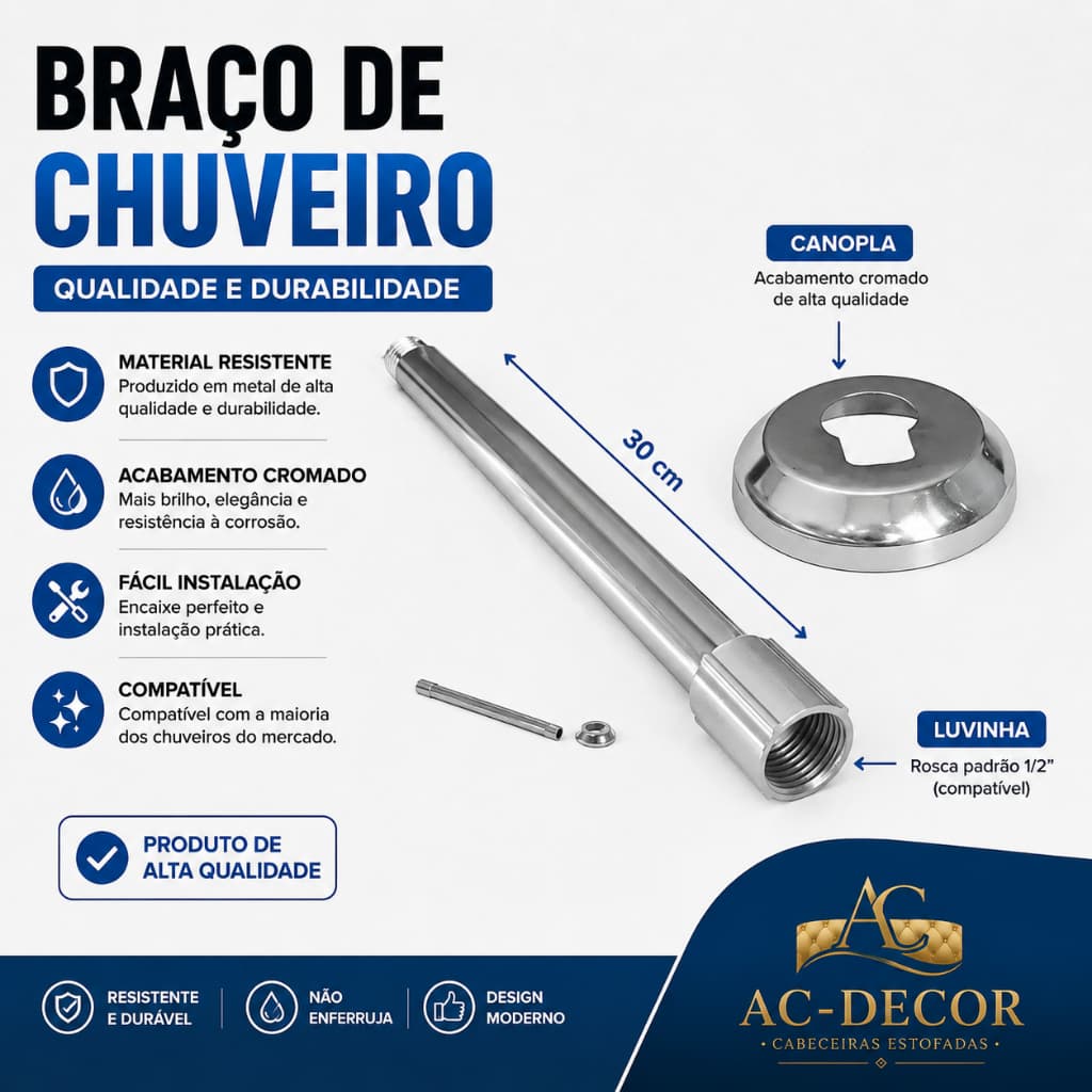 Braço para Chuveiro Alumínio Cromado 30cm 40cm Universal com Canopla e Luva Rosca 1/2