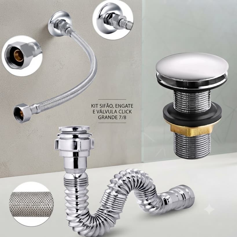 Kit Sifão Tubo Sanfonado Cromado Engate Trançado 40cm ou 60 cm e Valvula Lavatorio Click Grande 7/8