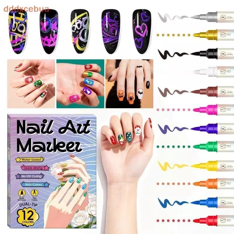 Caneta para Nail Art 12 Cores Dupla Ponta Tinta à Base de Água Desenho para Unhas