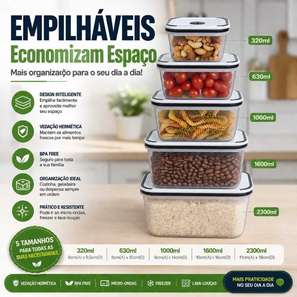 Kit 5 Potes Herméticos Plástico Tampa Vácuo BPA Free Quadrado Mantimentos Geladeira Micro-ondas Freezer