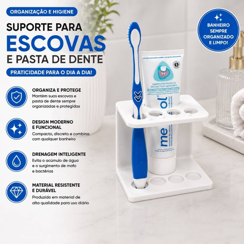 Suporte Porta Escova de Dente com Porta Creme Dental Organizador de Banheiro 4 Escovas Branco