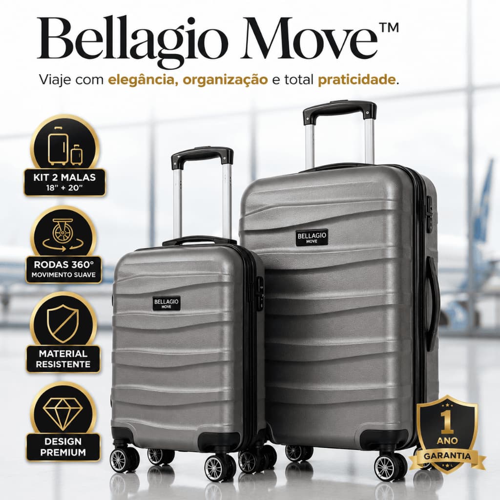 Kit 2 Malas de Viagem Rígidas 18" e 20" Rodinhas 360° Bagagem de Mão Premium Resistente Bellagio Move™