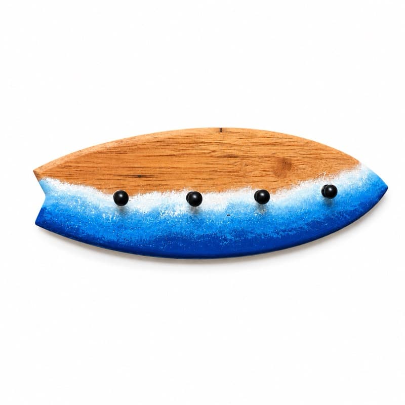Porta Chaves de Madeira Estilo Mar Prancha de Surf Decorativo Artesanal com 4 Ganchos
