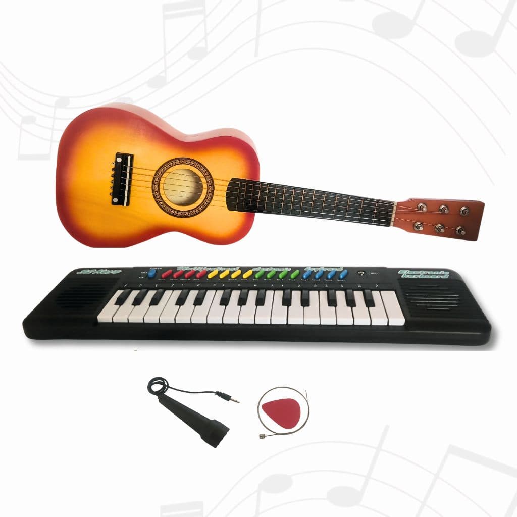 Kit Musical Infantil Mini Violão Acústico + Piano Teclado Brinquedo Educativo