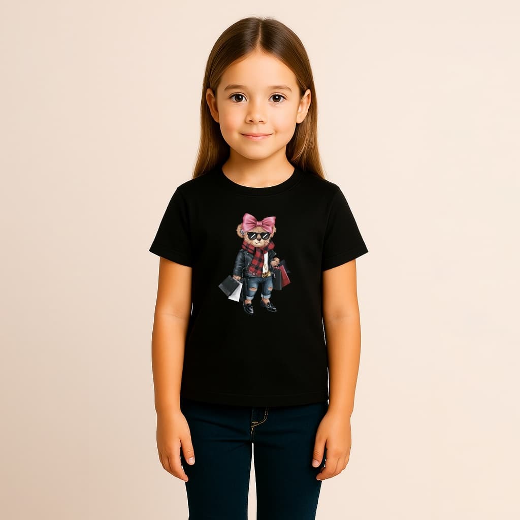 CAMISETA INFANTIL MENINA ALGODÃO URSA LACO ROSA JAQUETA PRETA CACHECOL XADREZ SACOLAS