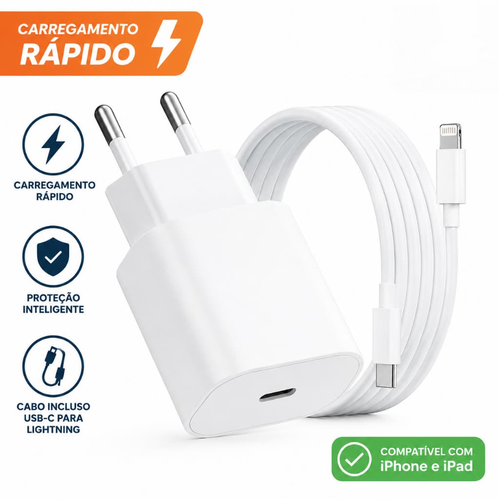 Carregador 25W 35W Cabo Tipo C Lightning e Tipo C Tipo C USB Carga Rápida