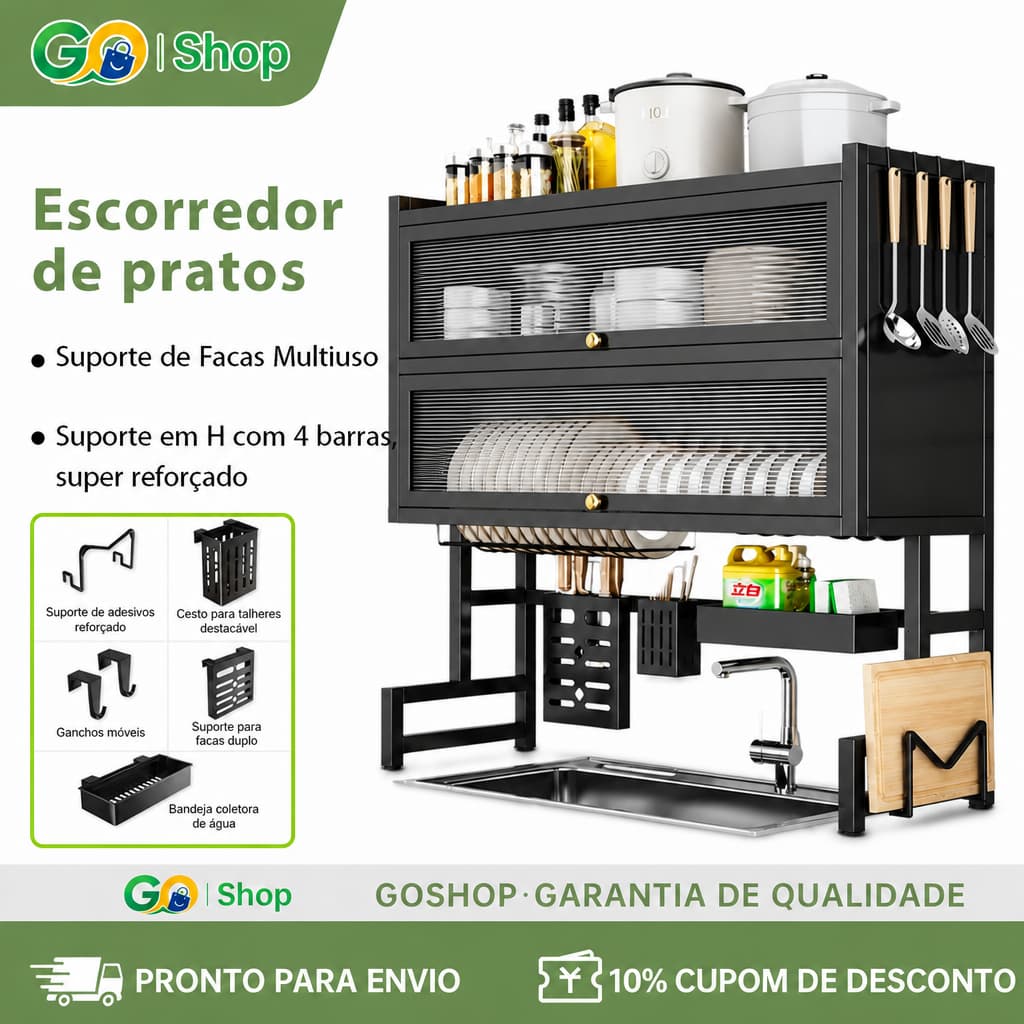 Escorredor de Pratos Sobre Pia Multifuncional Cozinha, compatível pia simples e dupla com proteção anti-poeira