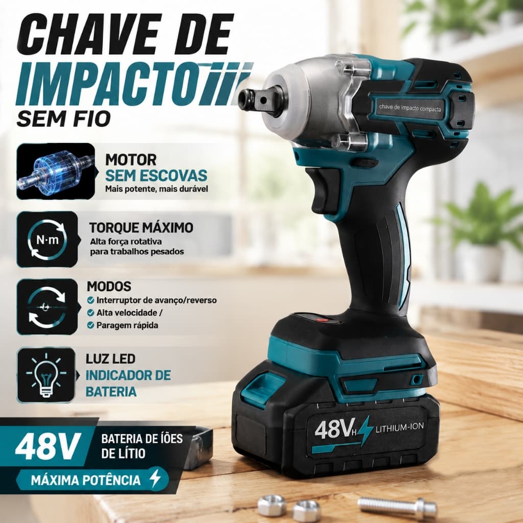 Chave de Impacto Sem Fio Motor Sem Escova 48V 2 Baterias Carregador Bivolt Desmontagem Pneu Automotivo Kit
