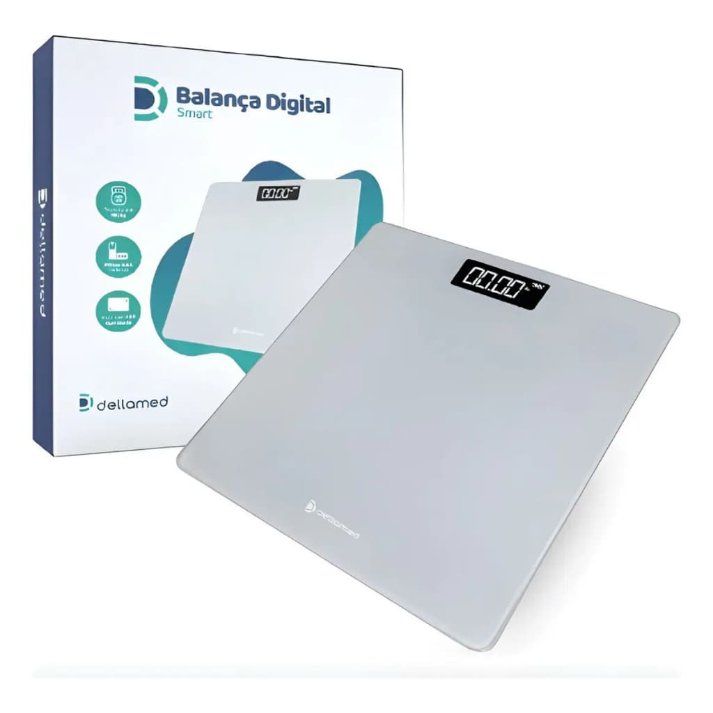 Balança Digital Corporal Pessoal de Banheiro Smart Tela LED Portátil Cinza Suporta Peso de Até 180kg Dellamed