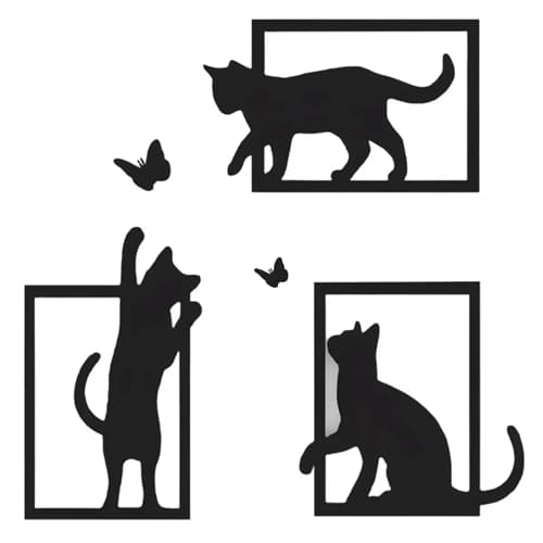 Arte de Parede 3 Gatos 2 Borboletas + Placas Decorativas Distintas + Plástico + Preto Pet Feliz & Companhia