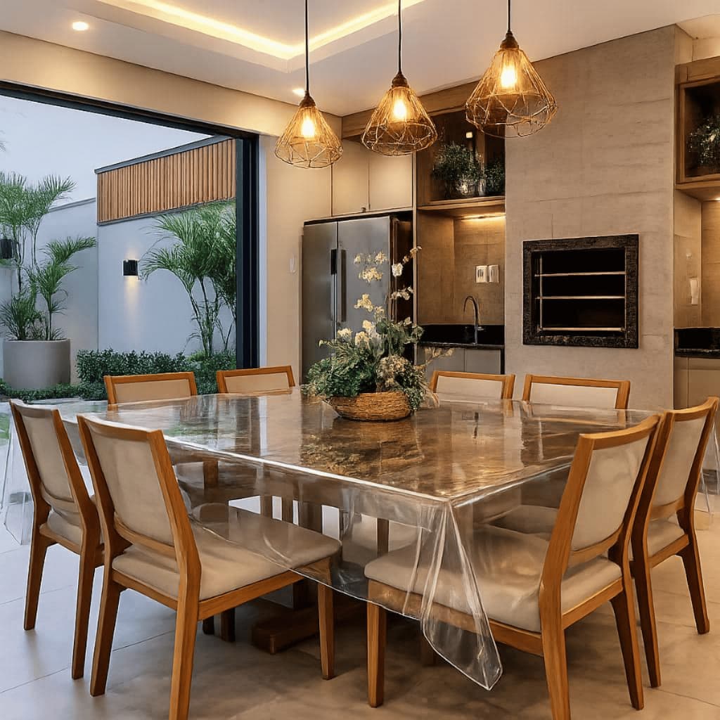 Toalha de Mesa Impermeável PVC Cristal Transparente Antirrisco Protetora Sob Medida Plástica