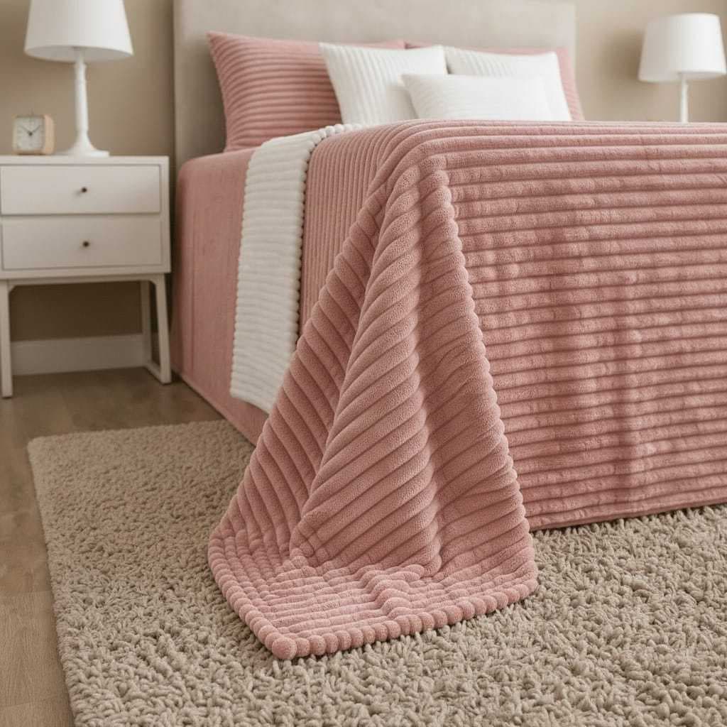 Colcha em Manta Cobertor Cobre Leito Canelada Extra Macio Premium Queen 2,40x2,60m + 2 Fronhas