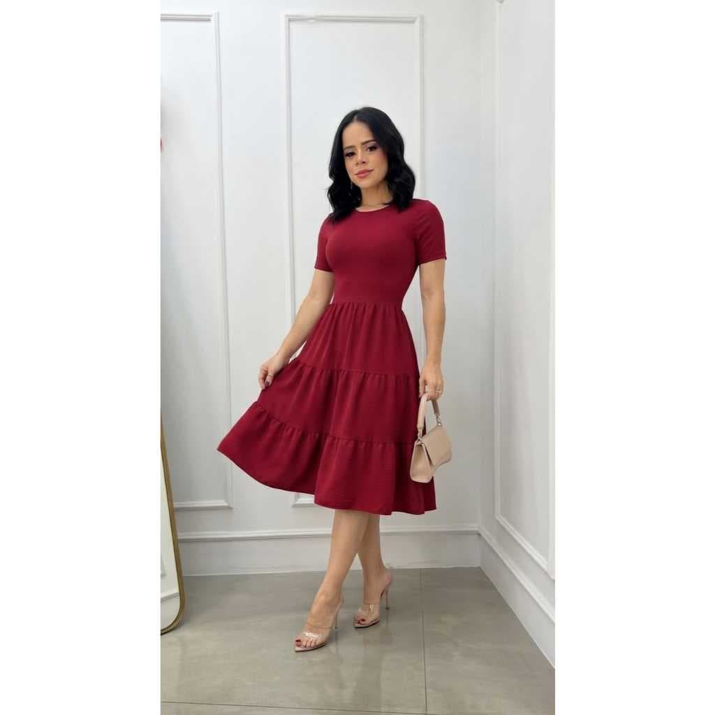 VestidoFemininoMidiTrêsMariasMalhaCaneladaConfortávelMangaCurtaModaFemininaCurtoEleganteCasual