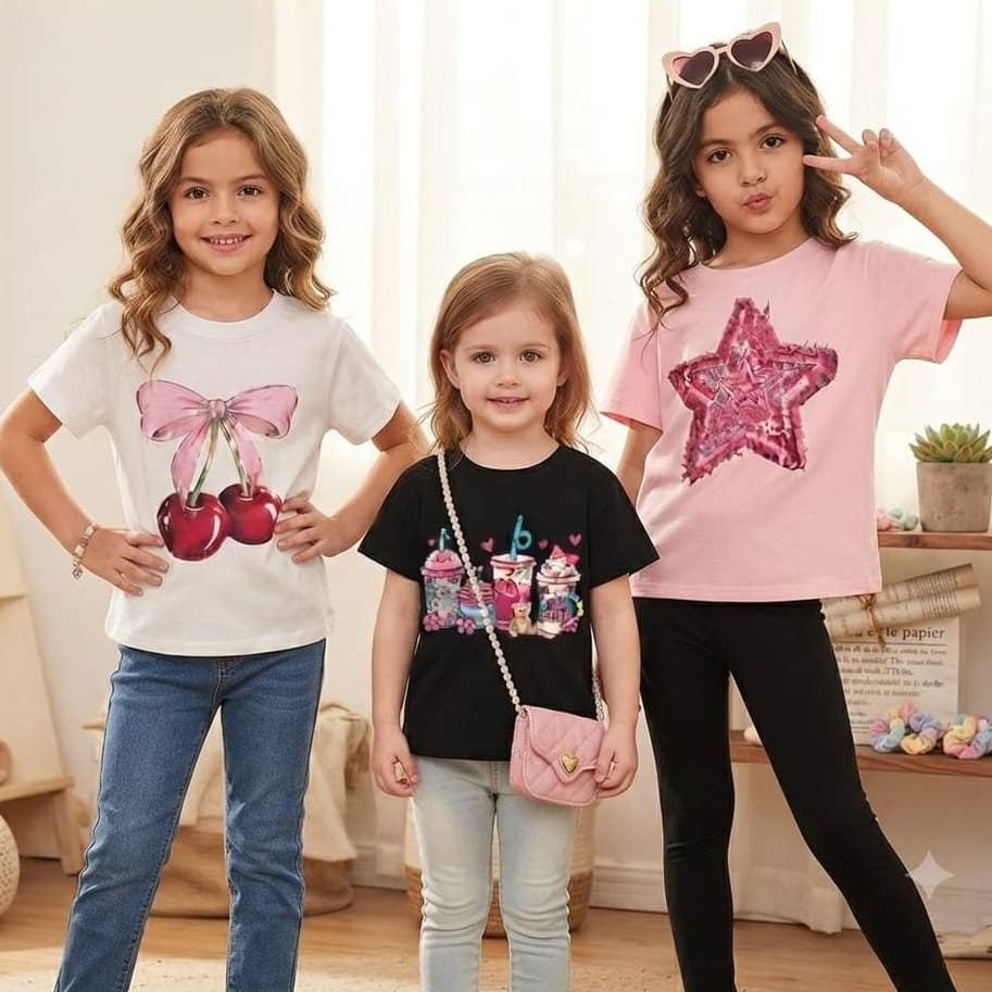 Kit 3 Camisetas Infantis Menina Moda Tendência Criança Ursinho Estrela Rosa Tecido 100% Algodão