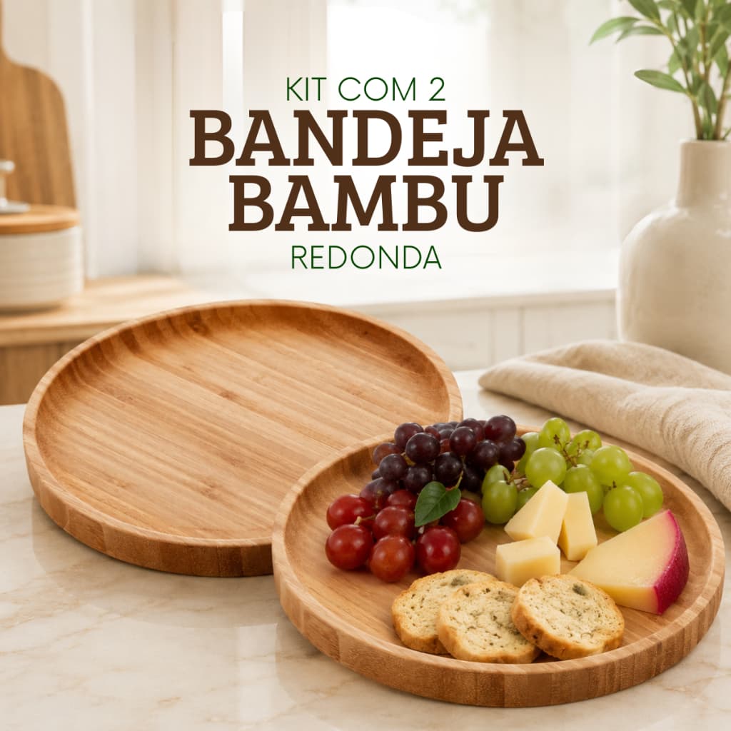 Kit 2 Bandejas Redonda Bambu 20cm Para Café Frutas Sobremesa Multiuso Decorativa