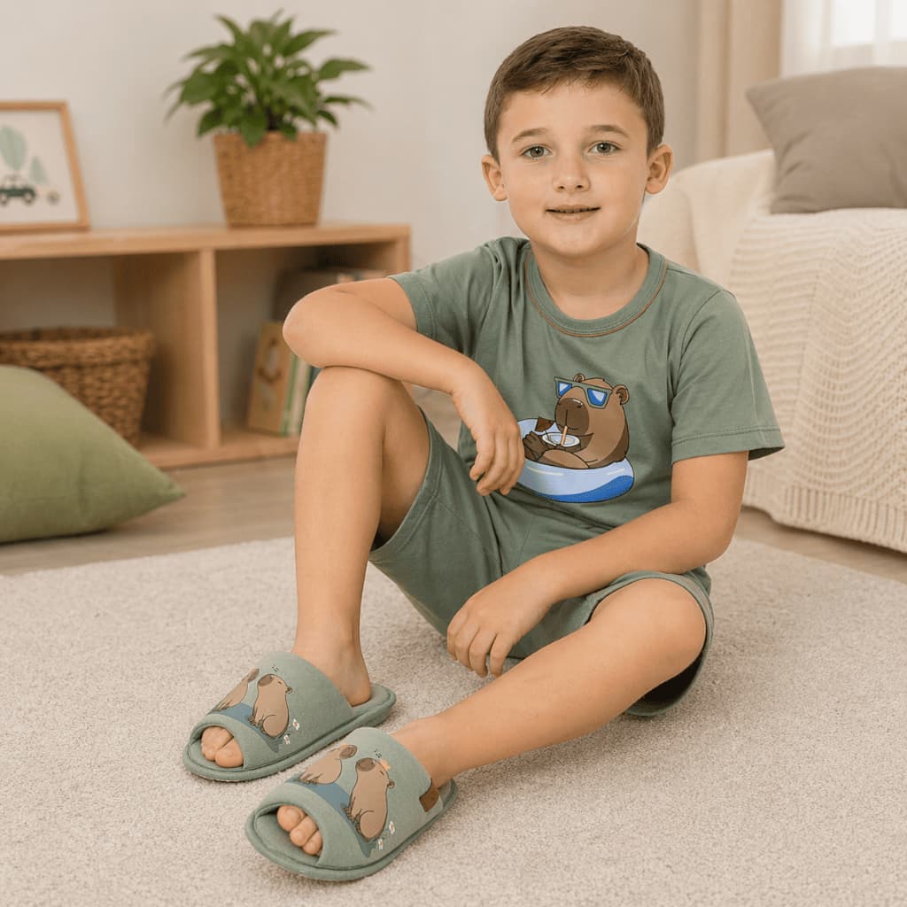 Pantufa Masculina Aberta Estampada Capivara Tecido Macio Solado Flexível Chinelo de Quarto Confortável