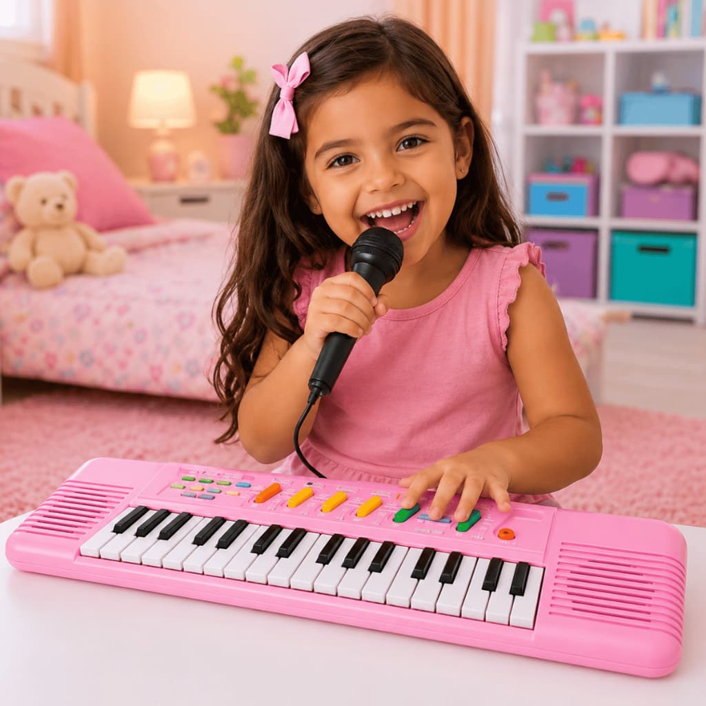 Teclado Piano Rosa com Microfone 32 Teclas Brinquedo Infantil