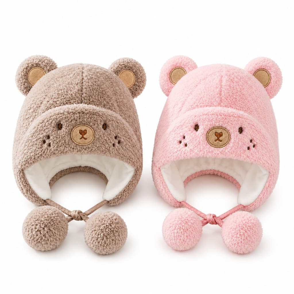 Gorro Touca Infantil Bebê Inverno Com Orelhas De Urso Bordado Macio Quentinho Rosa e Marrom
