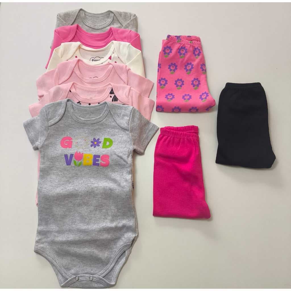 KIT 9 peças Bebê Menina - 6 bodys + 3 calças Malha Algodão Serafina