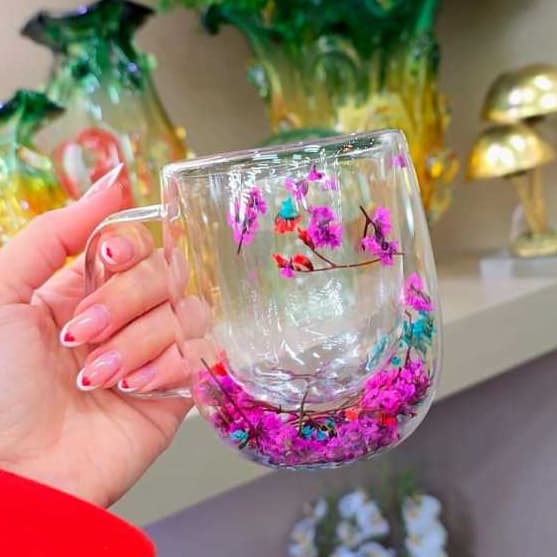 Caneca Vidro Duplo xícara parede dupla borossilicato Flores flor pétalas borboleta butterfly rosa