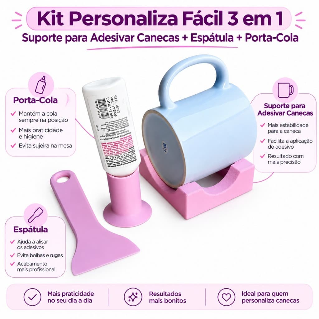 Kit Personaliza Fácil 3 em 1 – Suporte para Adesivar Canecas + Espátula + Porta-Cola | Ferramentas para Personalizados