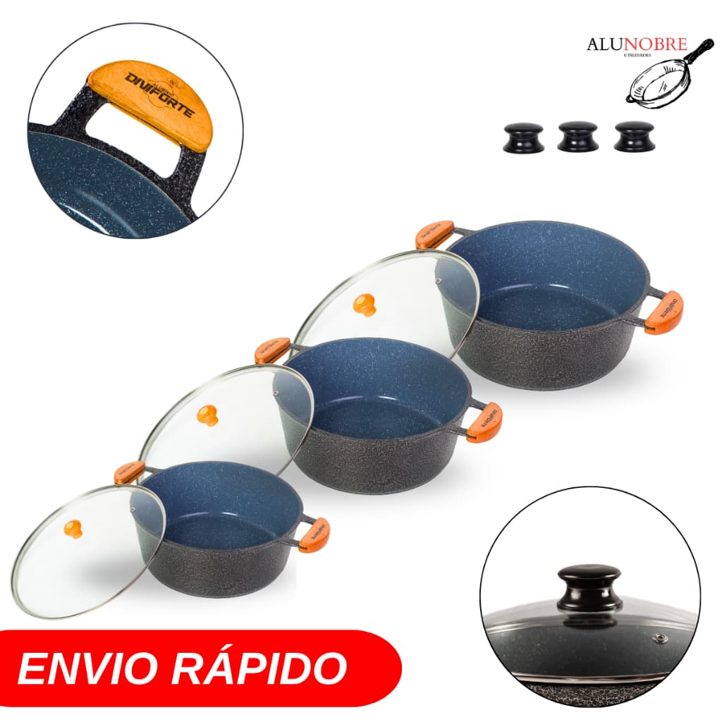 Jogo de Panelas Alumínio Fundido com Revestimento Ceramica Preto 3 peças Diviforte Tampa de Vidro