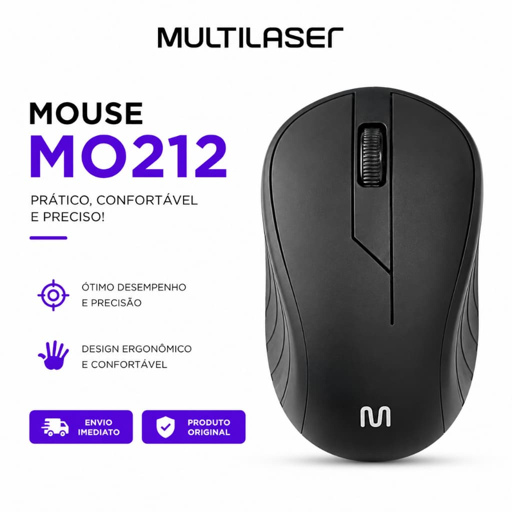 Mouse Sem Fio Multilaser MO212 Original Wireless USB 2.4GHz Ergonômico Plug & Play Envio Imediato