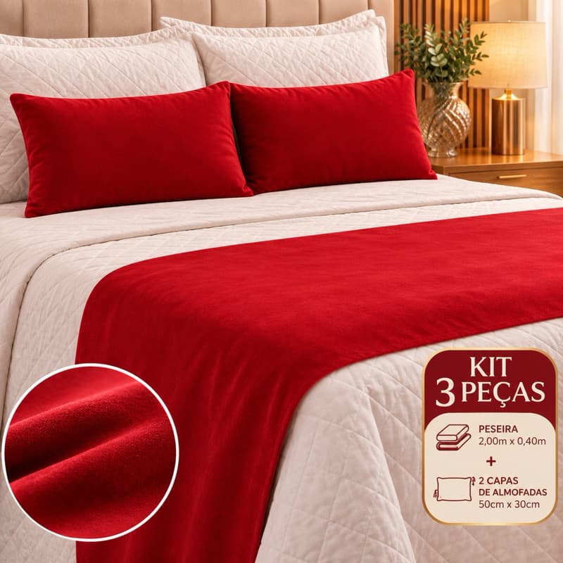 peseira de cama em suede liso toque aveludada contem 3 peças