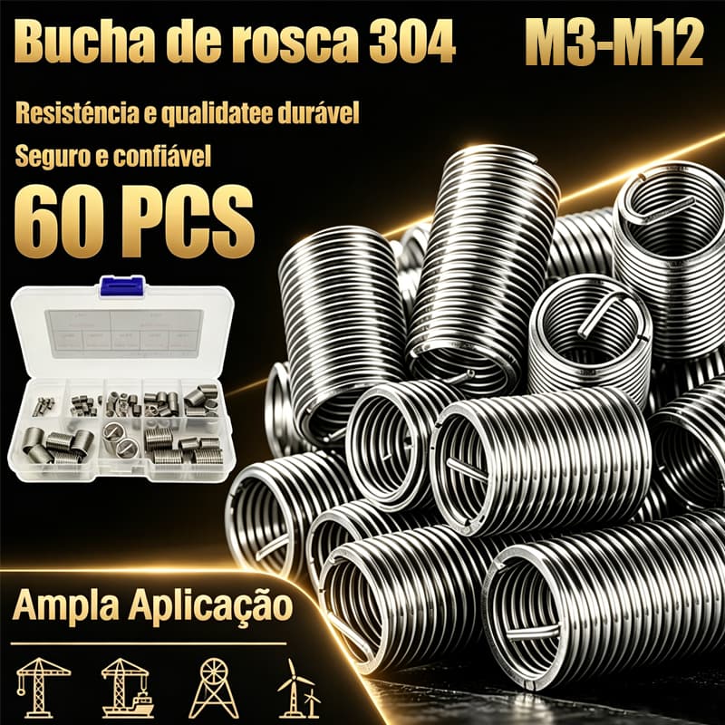 Kit de Reparo de Rosca Helicoidal em Aço Inoxidável 304 - 60 peças, Tamanhos M3 a M12