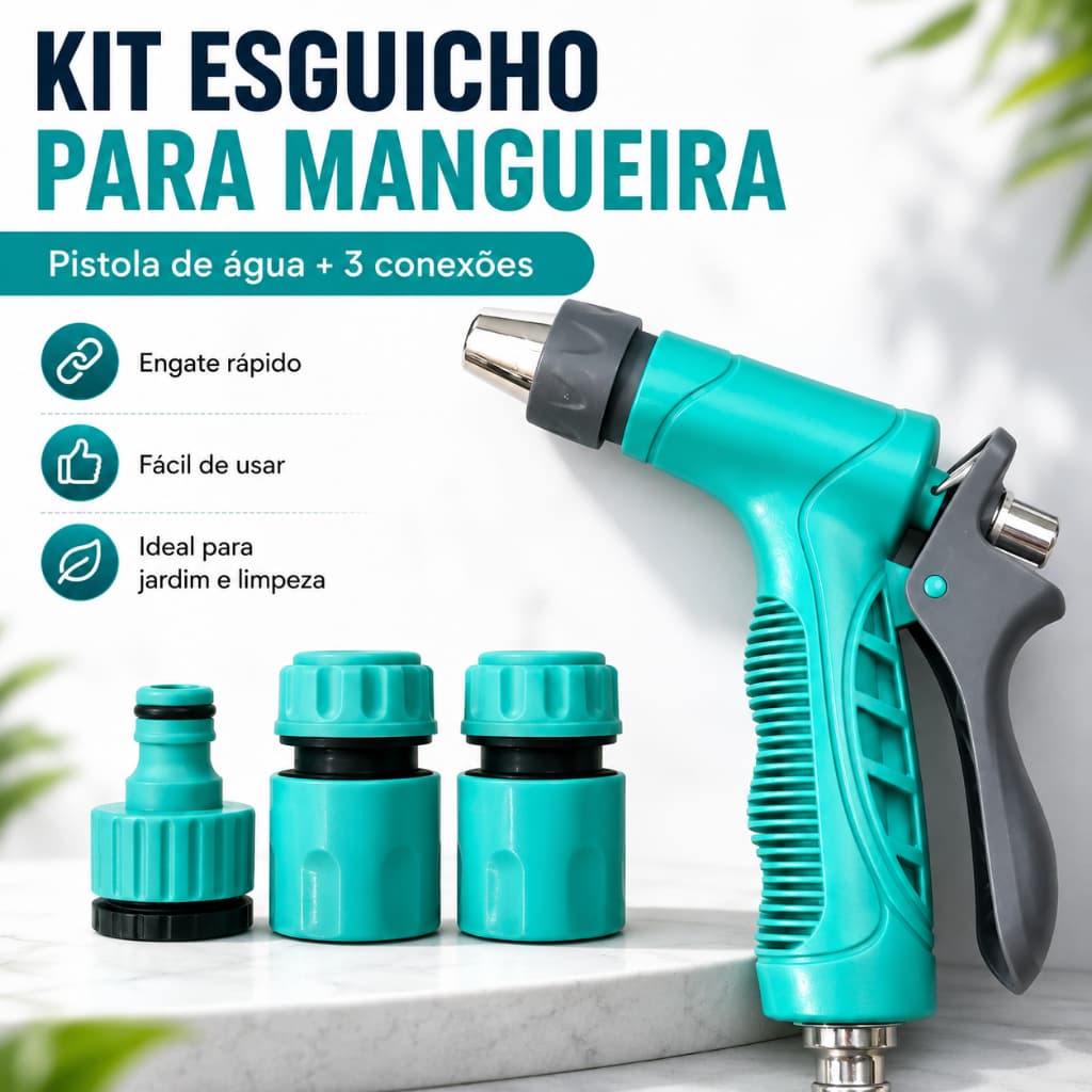 Pistola Esguicho para Mangueira Engate Rápido Kit 4 Peças Jardim Irrigação Lava Carro