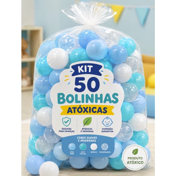 50 Bolinhas de Piscina 71mm Azul Bebê Azul Piscina Branco Transparente