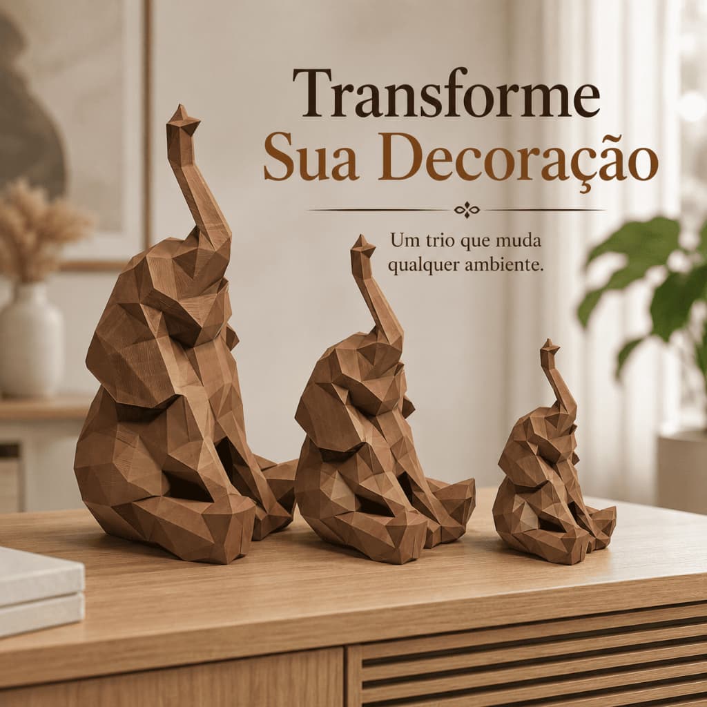 Kit 3 Elefantes Decorativos Geométricos Low Poly para Sala Escritório Presente
